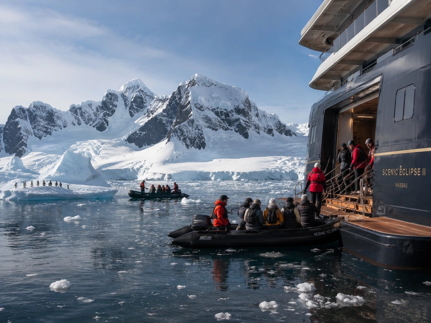 Luxury expedition cruise exploring Antarctica with Zodiac excursions, glaciers, and polar wildlife.