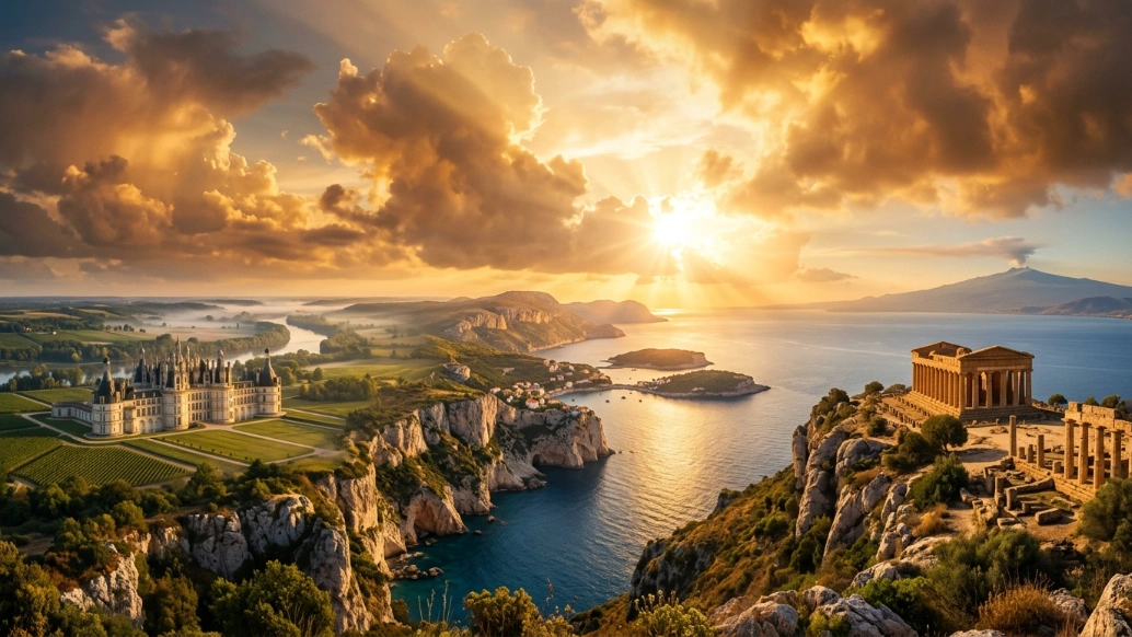 Cinematic panorama combining France's Loire Valley, Croatia's Dalmatian Coast and Sicily