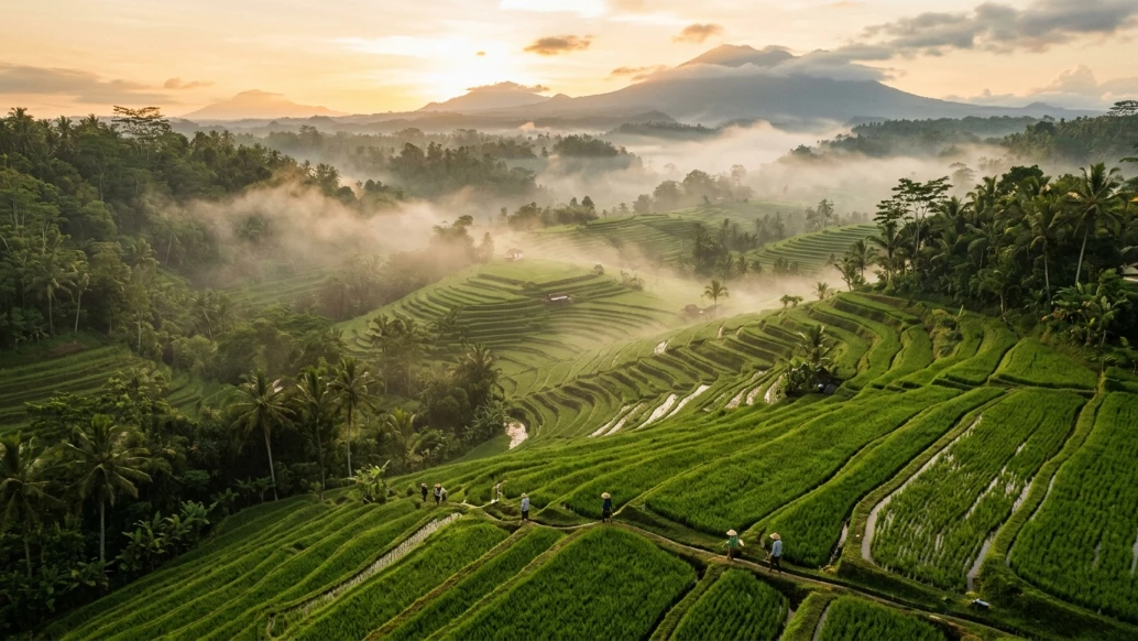 Sunrise over Bali rice terraces