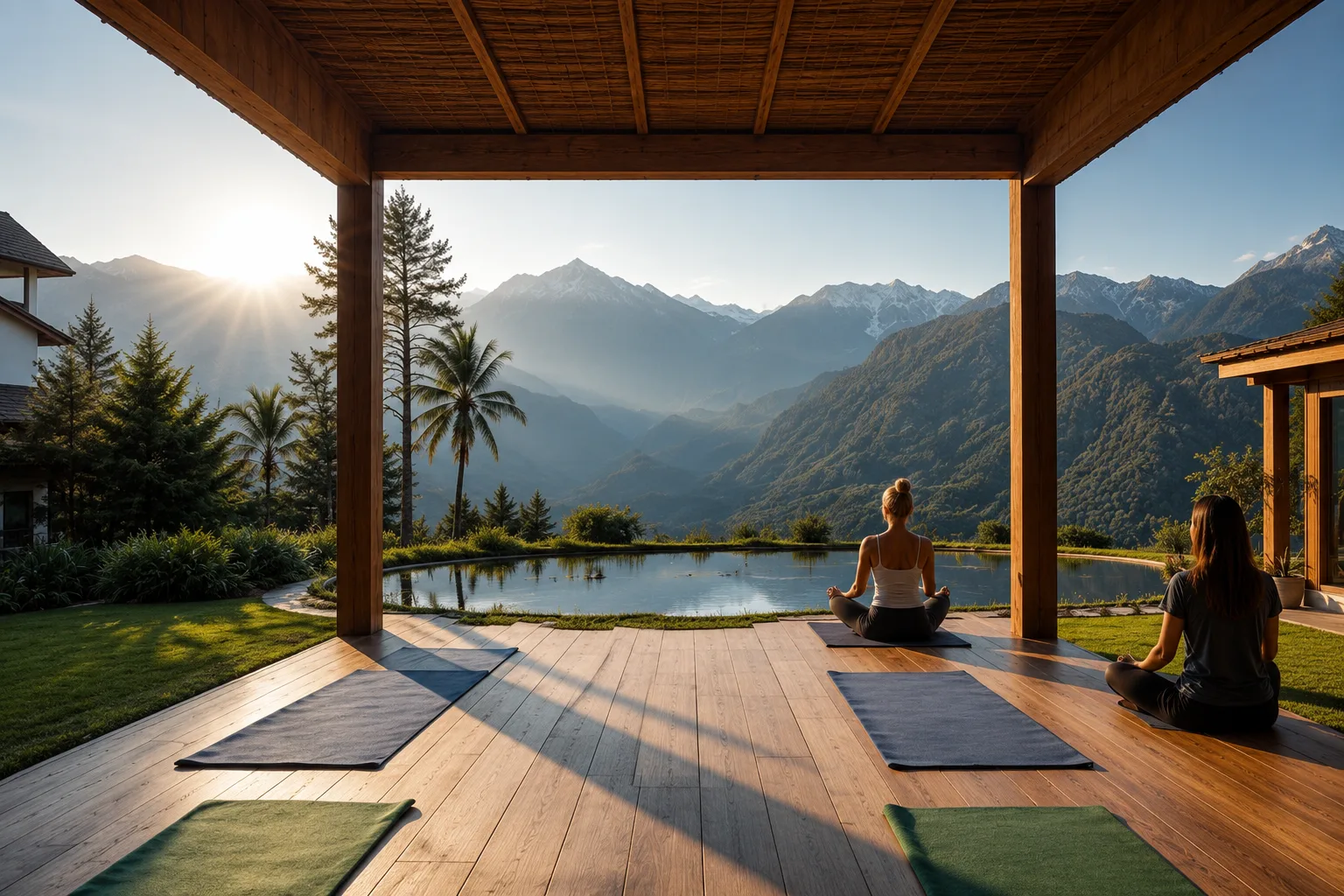 Sunrise meditation at a luxury wellness retreat focused on stress recovery and emotional restoration