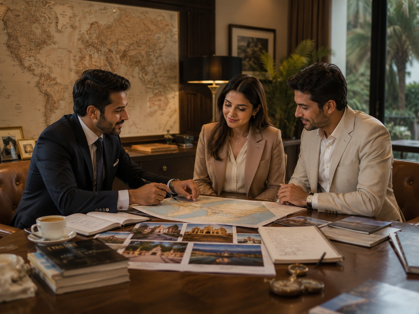 Luxury travel advisor designing a bespoke international itinerary for high-net-worth travellers using a personalised planning approach.