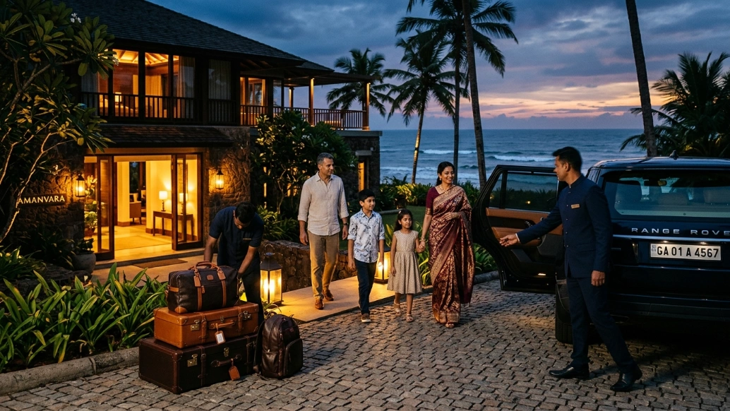 Indian family arriving at a private luxury villa