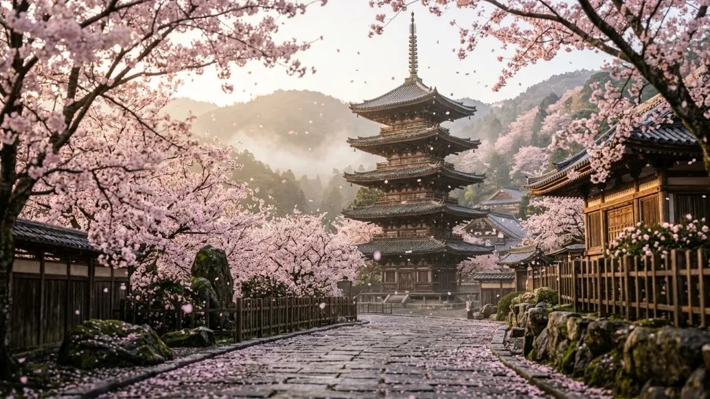 Cherry blossom trees in full bloom surrounding a traditional Kyoto temple during Japan's spring sakura season, with pink petals falling across historic architecture.
