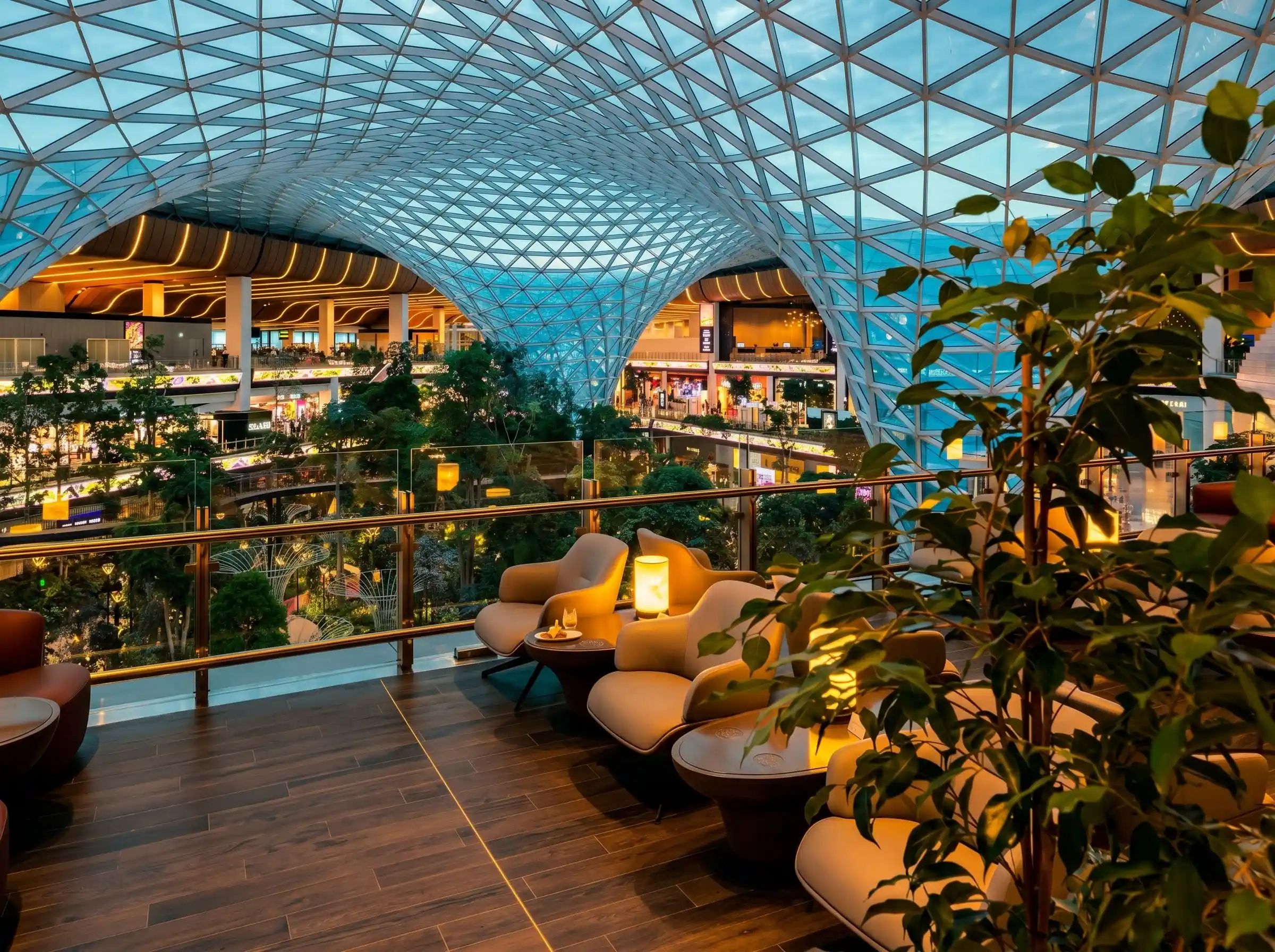 Exclusive first-class airport lounge with elegant designer seating and private workspaces