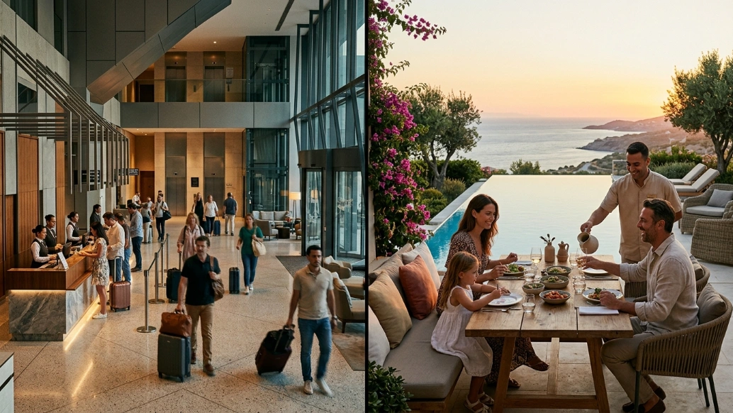 Side-by-side visual contrast between a standard luxury hotel lobby and a private villa terrace.