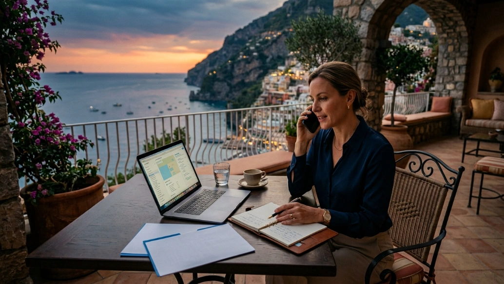 Luxury travel advisor coordinating a custom itinerary while managing details in real time.