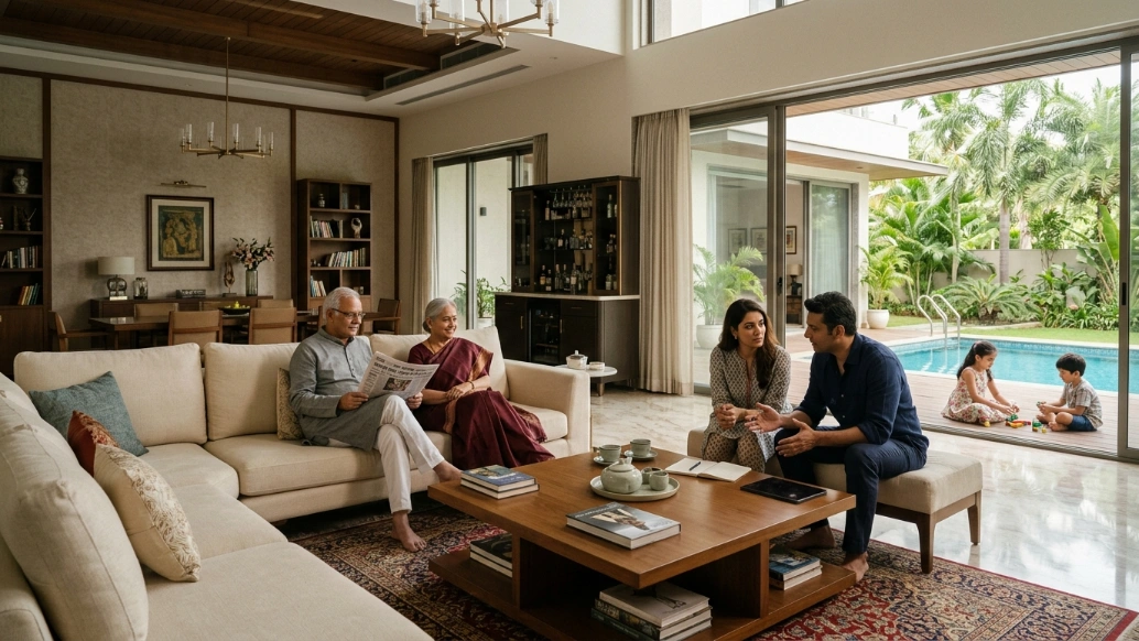 Multigenerational Indian family in a spacious luxury villa showing how villa space supports different ages and preferences.