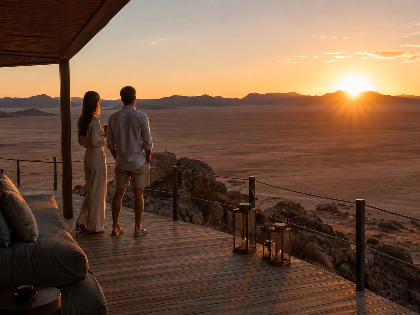 Ultra-high-net-worth travellers enjoying a secluded luxury lodge overlooking the Namib Desert in one of the world's most exclusive travel destinations.