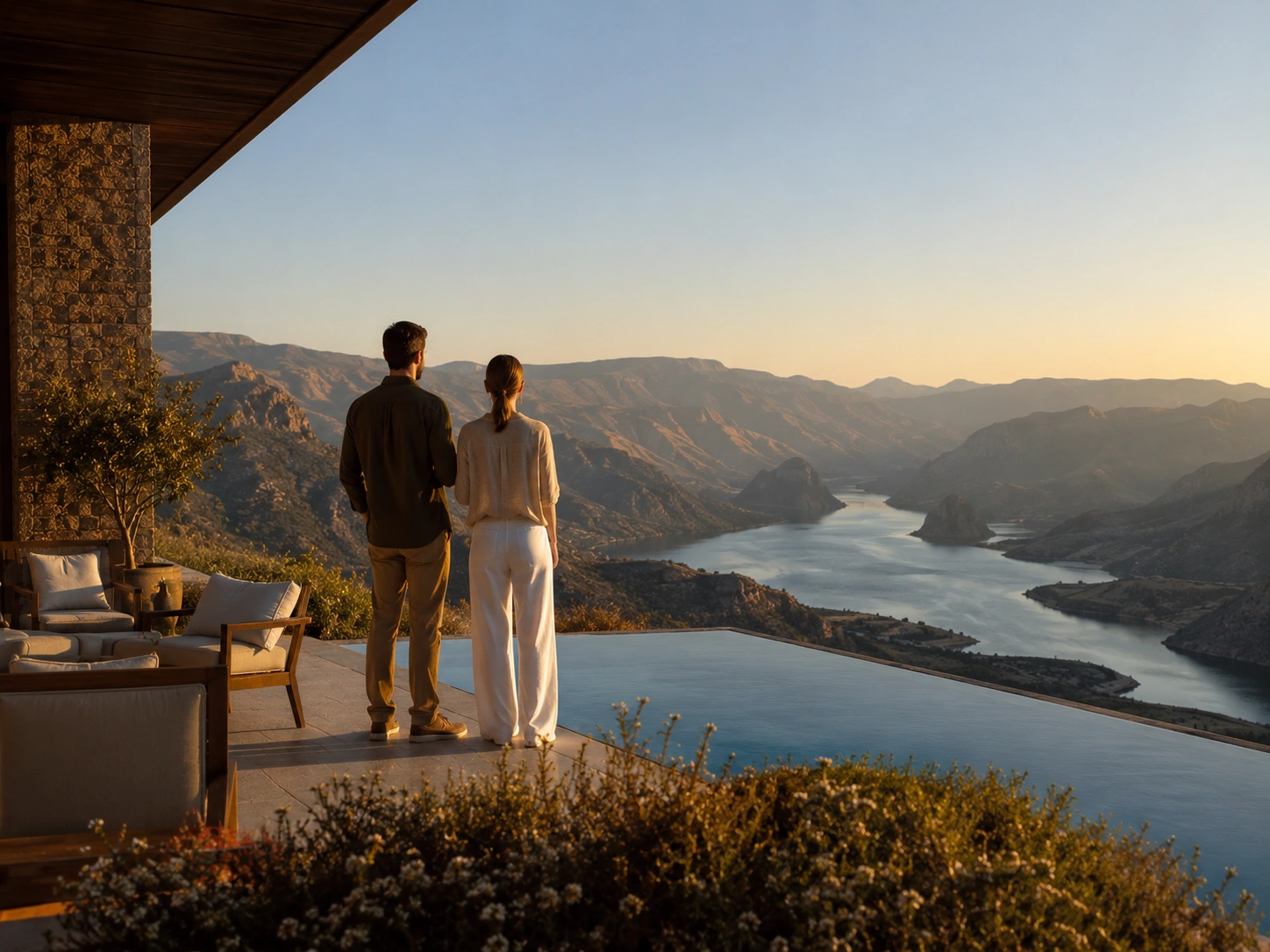 Luxury travellers enjoying a bespoke private journey overlooking a mountain landscape, representing personalised luxury travel designed around traveller intent.